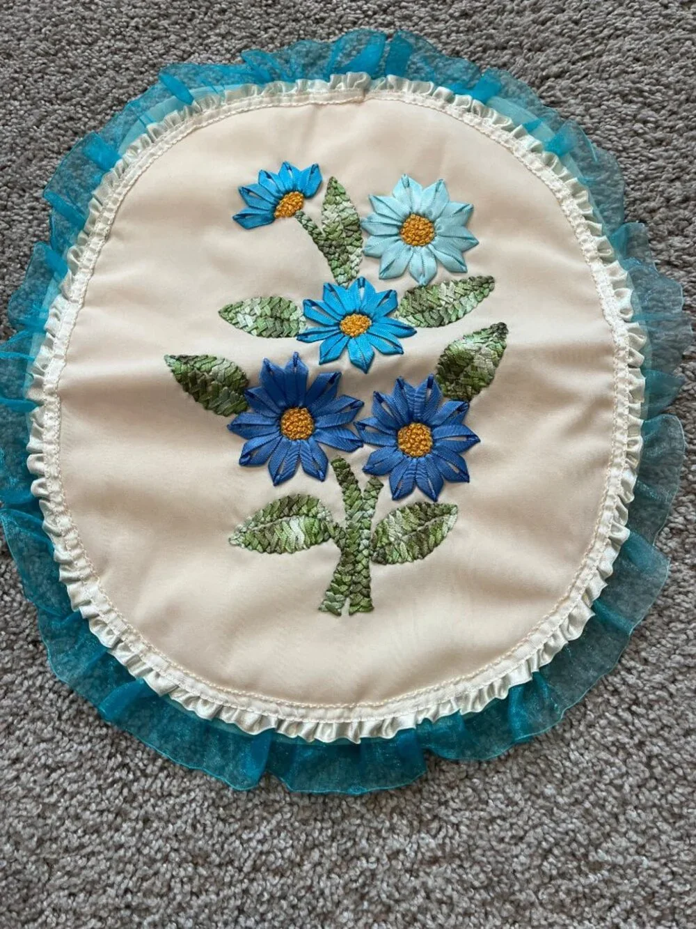 Vtg 3-Piece Bathroom Set Ribbon Embroidery Floral Ruffles Teal Blue Grannycore